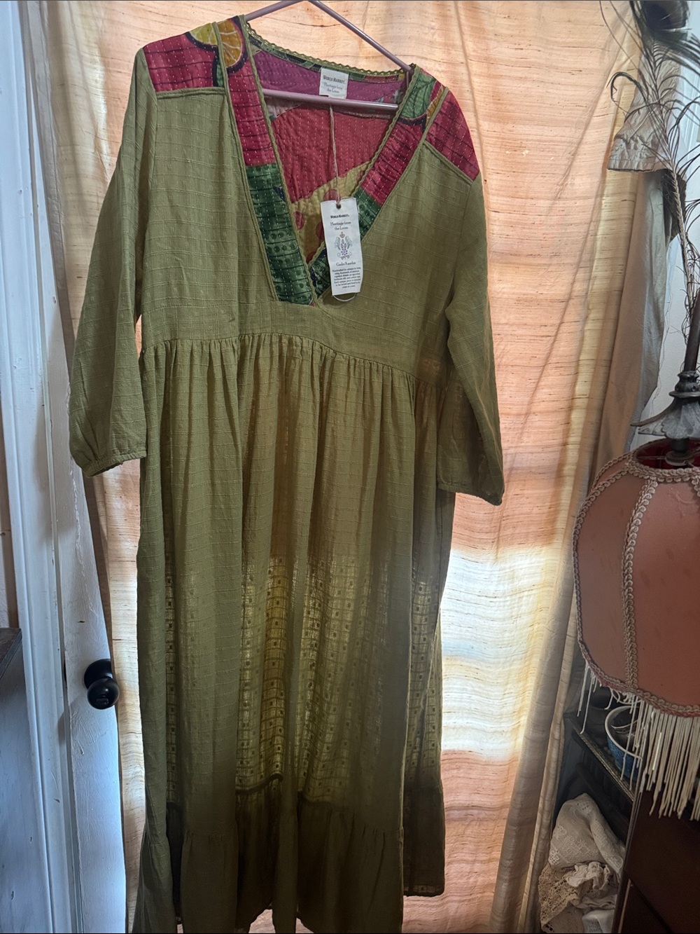 Cost Plus World Market Olive Dress with Pink & Dark Green Trim